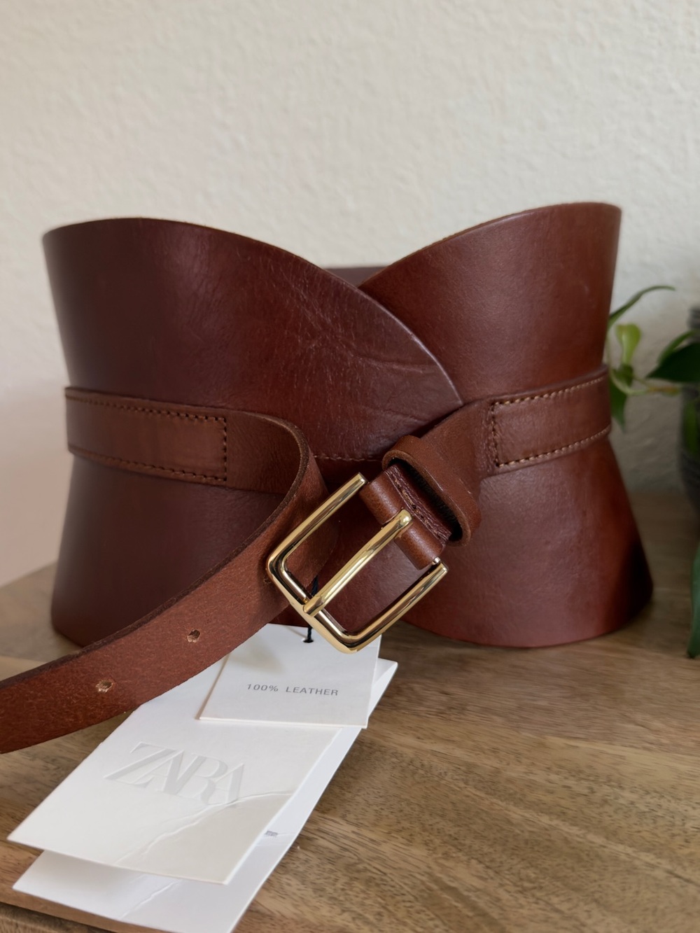 Zara Wide Leather Sash Belt - Brown with Gold Buckle - Picture 4 of 7